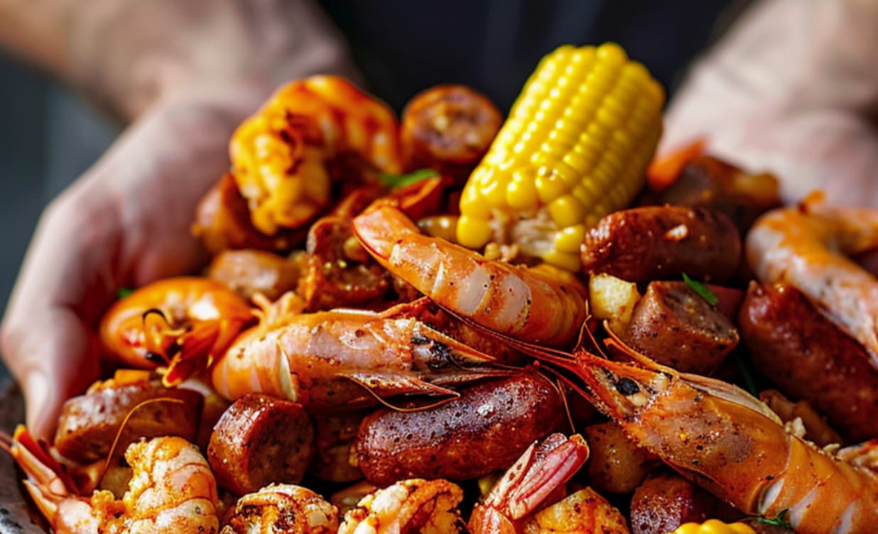 A Wilson CottonFest shrimp boil with shrimp, corn, sausage, and potatoes